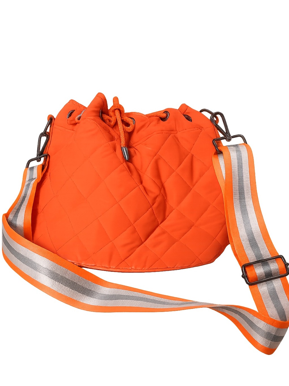 HAUTE SHORE Orange Quilted Drawstring Bucket Crossbody with Striped Strap